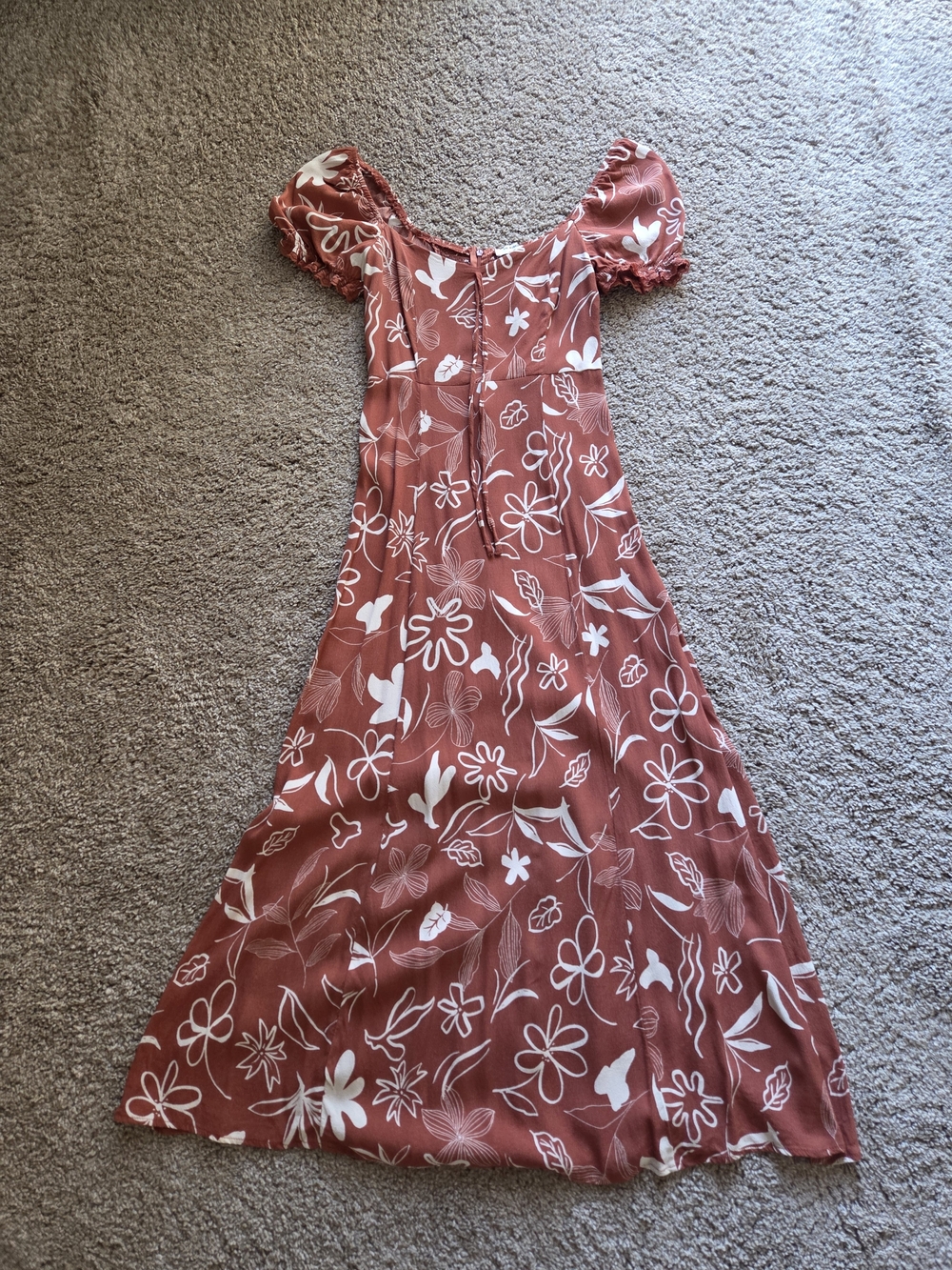 Nordstrom Rust Floral Puff-Sleeve Midi Dress with White Print